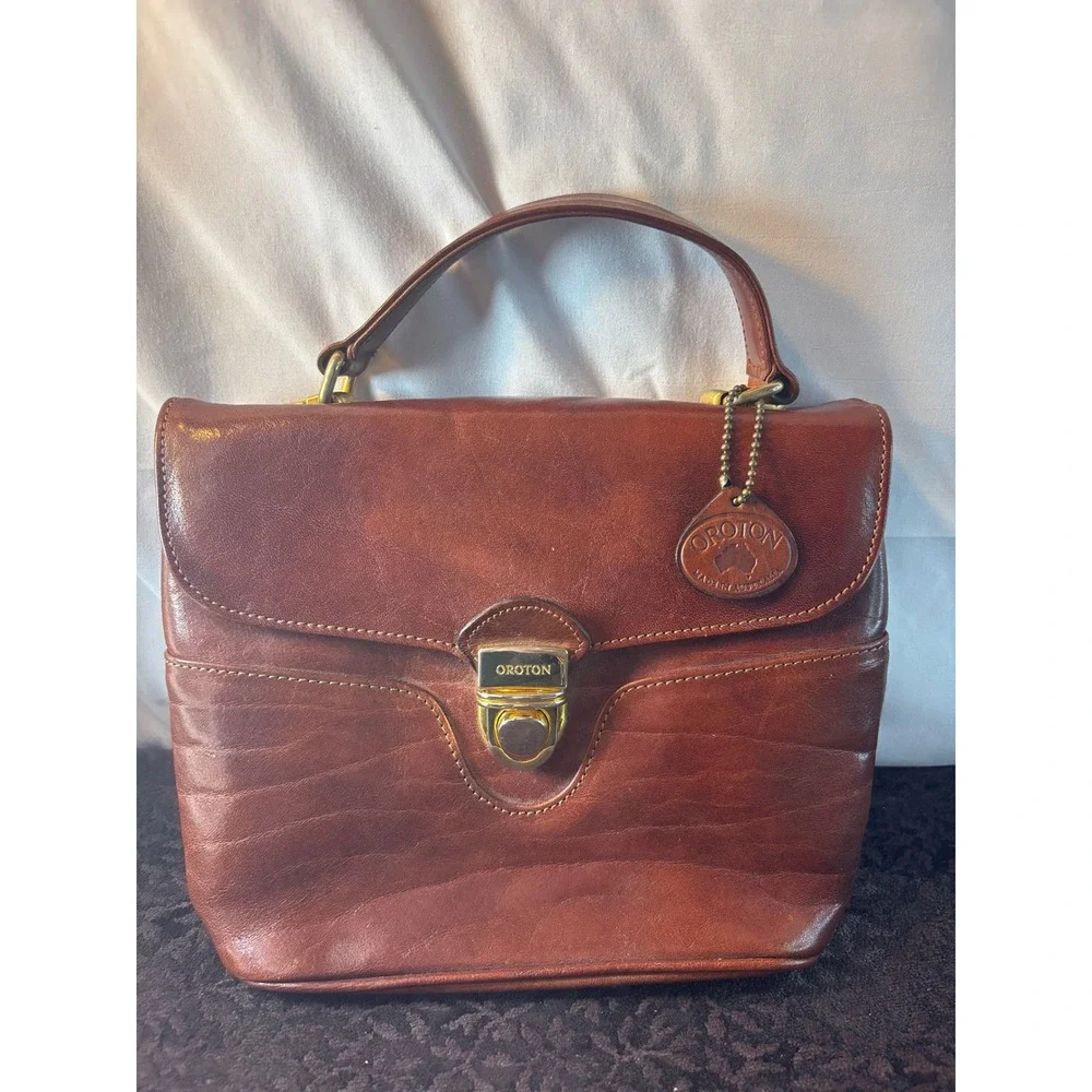 Oroton Vintage Brown Leather Top Handle Satchel Bag Made in Australia Cognac